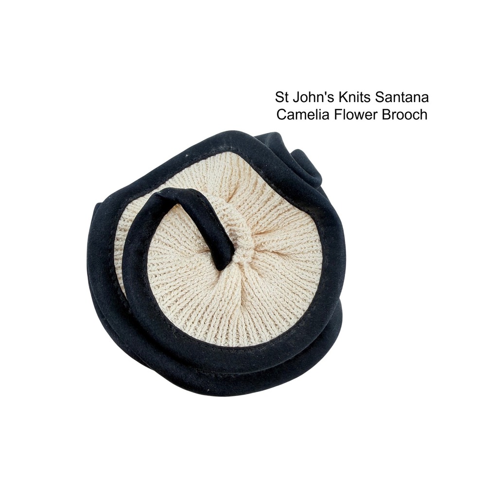 St John Santana Knit Camellia Flower Brooch Cream Black Velvet Trim Vintage
